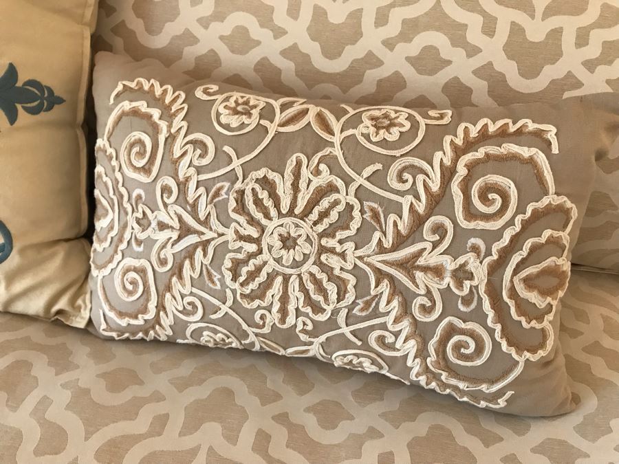 King Size Bed With Custom Upholstered Headboard, Throw Pillows And Bedding Including Bed Skirt Includes Bloomingdale's Shifman Supreme Plush Pillow Top Mattress And Boxspring (Guest Bedroom) Purchased For $3,450 [Photo 9]