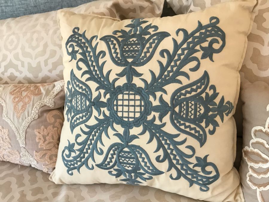 King Size Bed With Custom Upholstered Headboard, Throw Pillows And Bedding Including Bed Skirt Includes Bloomingdale's Shifman Supreme Plush Pillow Top Mattress And Boxspring (Guest Bedroom) Purchased For $3,450 [Photo 10]