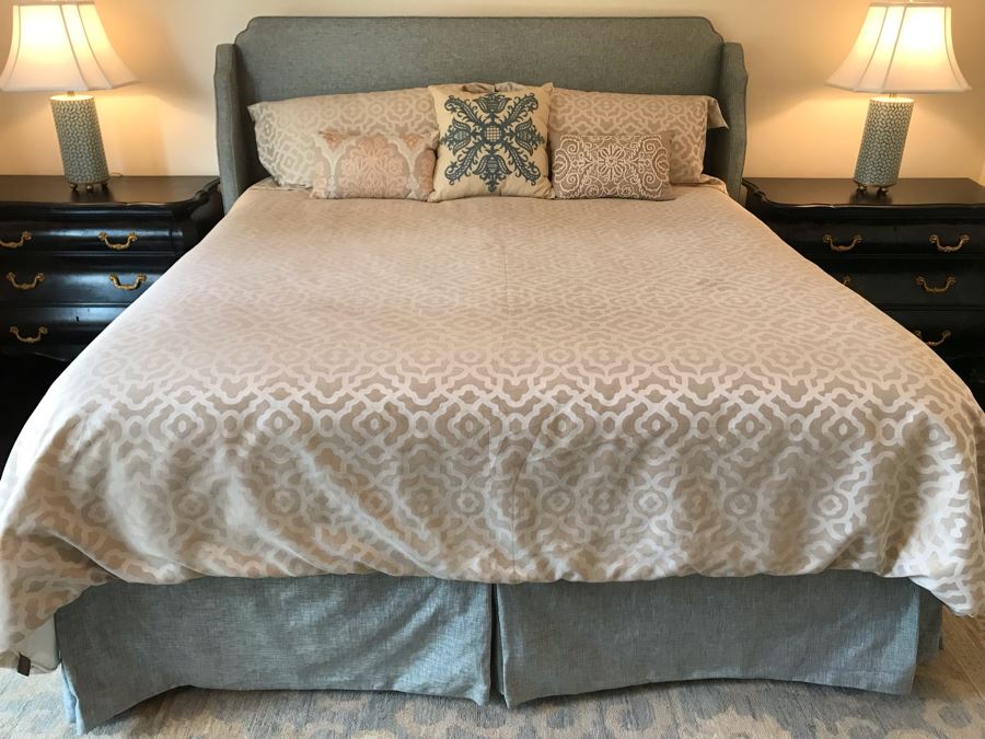 King Size Bed With Custom Upholstered Headboard, Throw Pillows And Bedding Including Bed Skirt Includes Bloomingdale's Shifman Supreme Plush Pillow Top Mattress And Boxspring (Guest Bedroom) Purchased For $3,450 [Photo 4]