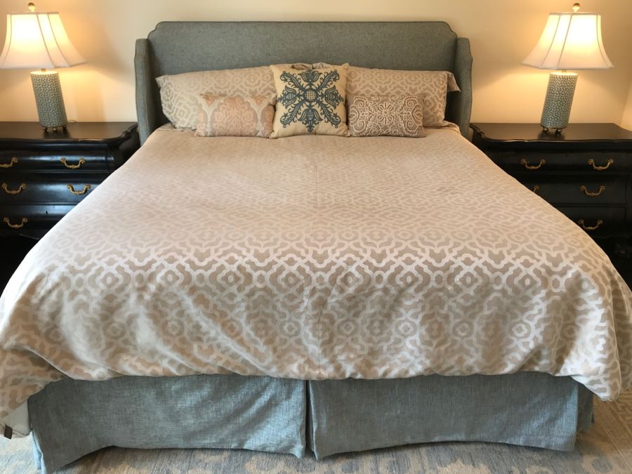 King Size Bed With Custom Upholstered Headboard, Throw Pillows And Bedding Including Bed Skirt Includes Bloomingdale's Shifman Supreme Plush Pillow Top Mattress And Boxspring (Guest Bedroom) Purchased For $3,450 [Photo 3]