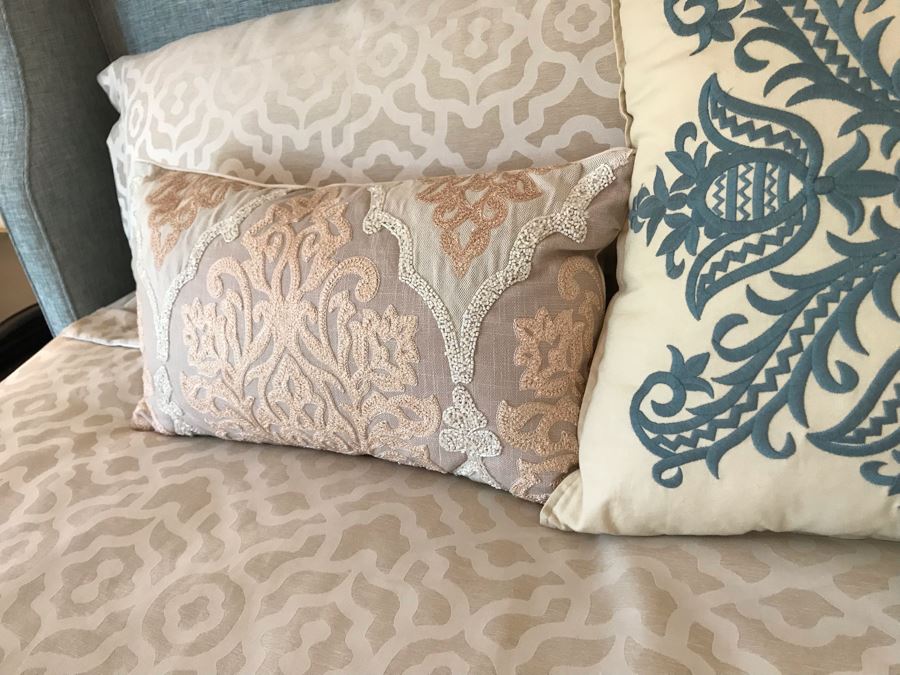 King Size Bed With Custom Upholstered Headboard, Throw Pillows And Bedding Including Bed Skirt Includes Bloomingdale's Shifman Supreme Plush Pillow Top Mattress And Boxspring (Guest Bedroom) Purchased For $3,450 [Photo 11]