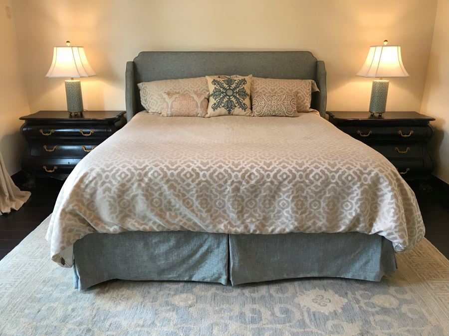 King Size Bed With Custom Upholstered Headboard, Throw Pillows And Bedding Including Bed Skirt Includes Bloomingdale's Shifman Supreme Plush Pillow Top Mattress And Boxspring (Guest Bedroom) Purchased For $3,450 [Photo 2]