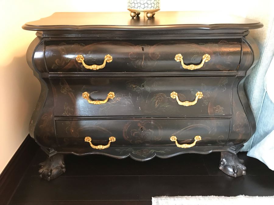 Pair Of Louis XIV Style Chinoiserie Commodes Chest Of Drawers Dresser In Black With Ball And Claw Feet 40W X 20D X 30H Purchased At Antique Store For $875 [Photo 15]