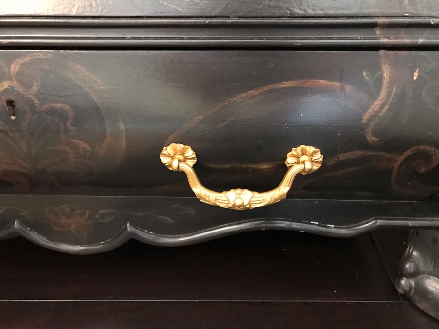 Pair Of Louis XIV Style Chinoiserie Commodes Chest Of Drawers Dresser In Black With Ball And Claw Feet 40W X 20D X 30H Purchased At Antique Store For $875 [Photo 5]