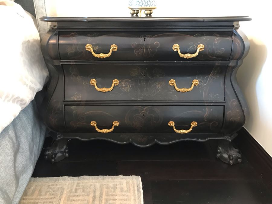 Pair Of Louis XIV Style Chinoiserie Commodes Chest Of Drawers Dresser In Black With Ball And Claw Feet 40W X 20D X 30H Purchased At Antique Store For $875