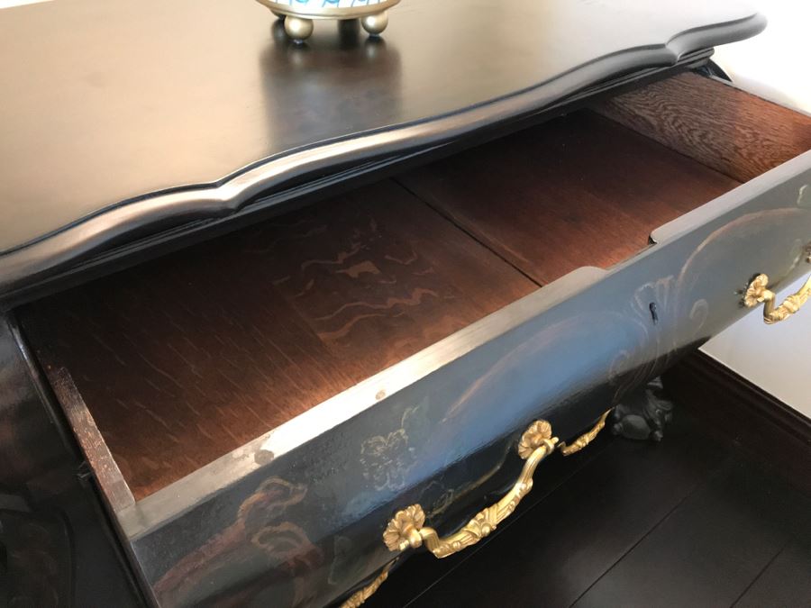 Pair Of Louis XIV Style Chinoiserie Commodes Chest Of Drawers Dresser In Black With Ball And Claw Feet 40W X 20D X 30H Purchased At Antique Store For $875 [Photo 7]