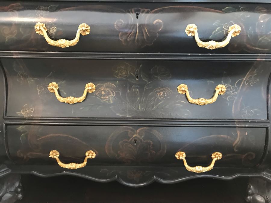 Pair Of Louis XIV Style Chinoiserie Commodes Chest Of Drawers Dresser In Black With Ball And Claw Feet 40W X 20D X 30H Purchased At Antique Store For $875 [Photo 13]