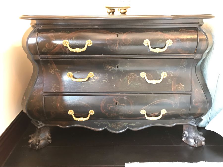 Pair Of Louis XIV Style Chinoiserie Commodes Chest Of Drawers Dresser In Black With Ball And Claw Feet 40W X 20D X 30H Purchased At Antique Store For $875 [Photo 16]