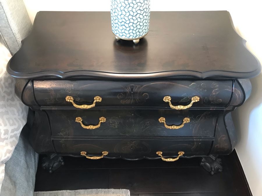 Pair Of Louis XIV Style Chinoiserie Commodes Chest Of Drawers Dresser In Black With Ball And Claw Feet 40W X 20D X 30H Purchased At Antique Store For $875 [Photo 14]