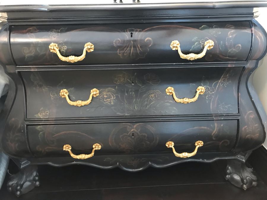 Pair Of Louis XIV Style Chinoiserie Commodes Chest Of Drawers Dresser In Black With Ball And Claw Feet 40W X 20D X 30H Purchased At Antique Store For $875 [Photo 12]