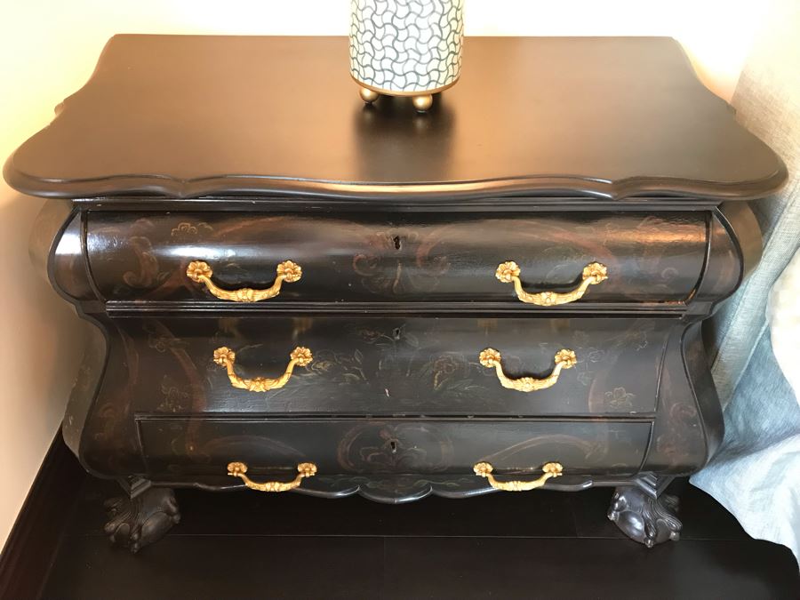 Pair Of Louis XIV Style Chinoiserie Commodes Chest Of Drawers Dresser In Black With Ball And Claw Feet 40W X 20D X 30H Purchased At Antique Store For $875 [Photo 18]