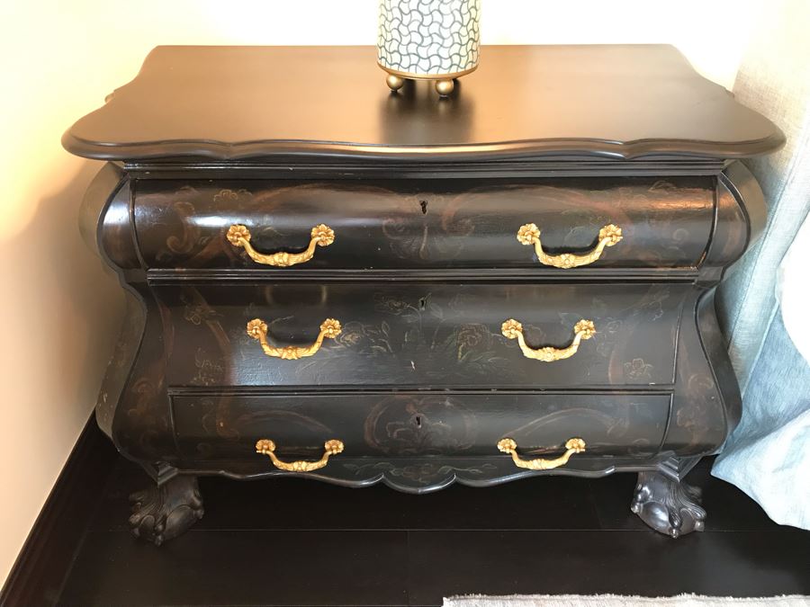Pair Of Louis XIV Style Chinoiserie Commodes Chest Of Drawers Dresser In Black With Ball And Claw Feet 40W X 20D X 30H Purchased At Antique Store For $875 [Photo 17]