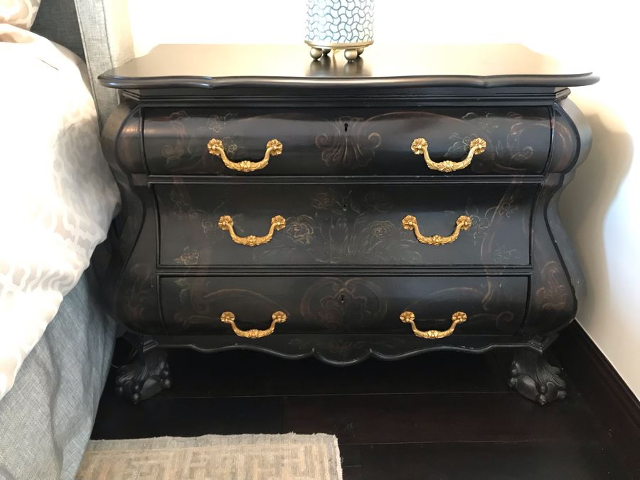 Pair Of Louis XIV Style Chinoiserie Commodes Chest Of Drawers Dresser In Black With Ball And Claw Feet 40W X 20D X 30H Purchased At Antique Store For $875 [Photo 2]