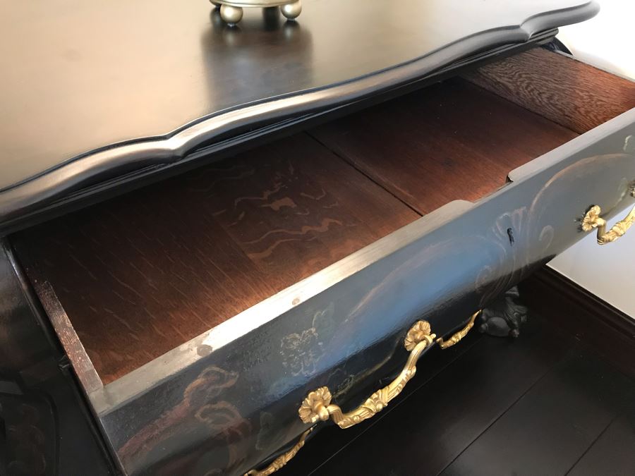 Pair Of Louis XIV Style Chinoiserie Commodes Chest Of Drawers Dresser In Black With Ball And Claw Feet 40W X 20D X 30H Purchased At Antique Store For $875 [Photo 8]