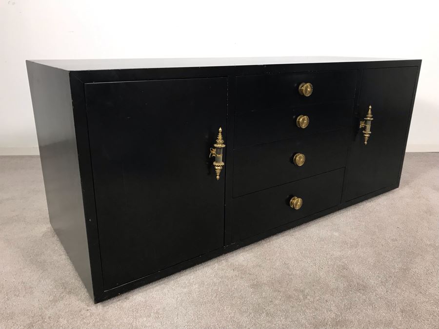 Vintage Black Lacquer 4-Drawer Cabinet With Brass Hardware And Silverware Storage Drawer 54W X 21D X 23H [Photo 14]