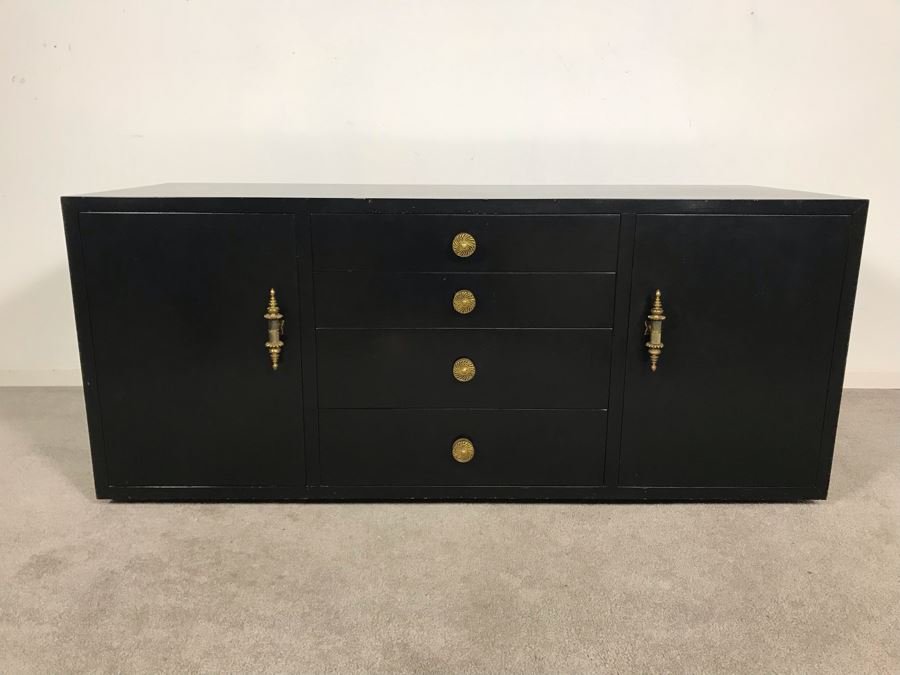 Vintage Black Lacquer 4-Drawer Cabinet With Brass Hardware And Silverware Storage Drawer 54W X 21D X 23H [Photo 6]