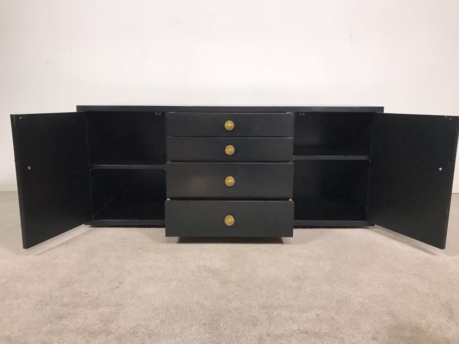 Vintage Black Lacquer 4-Drawer Cabinet With Brass Hardware And Silverware Storage Drawer 54W X 21D X 23H [Photo 8]