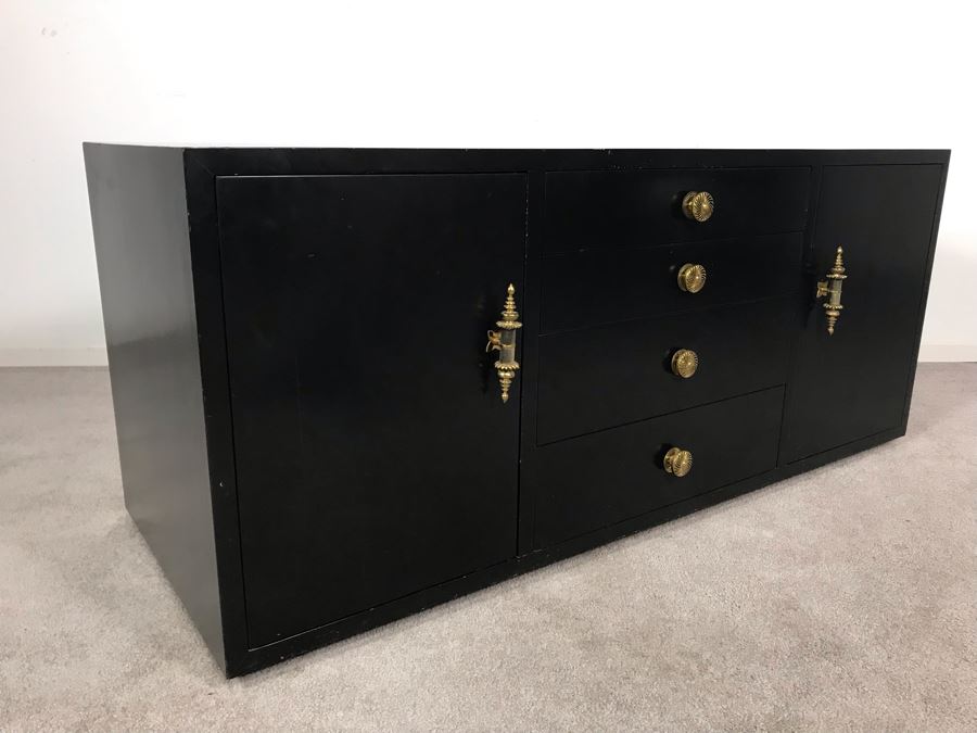 Vintage Black Lacquer 4-Drawer Cabinet With Brass Hardware And Silverware Storage Drawer 54W X 21D X 23H [Photo 3]