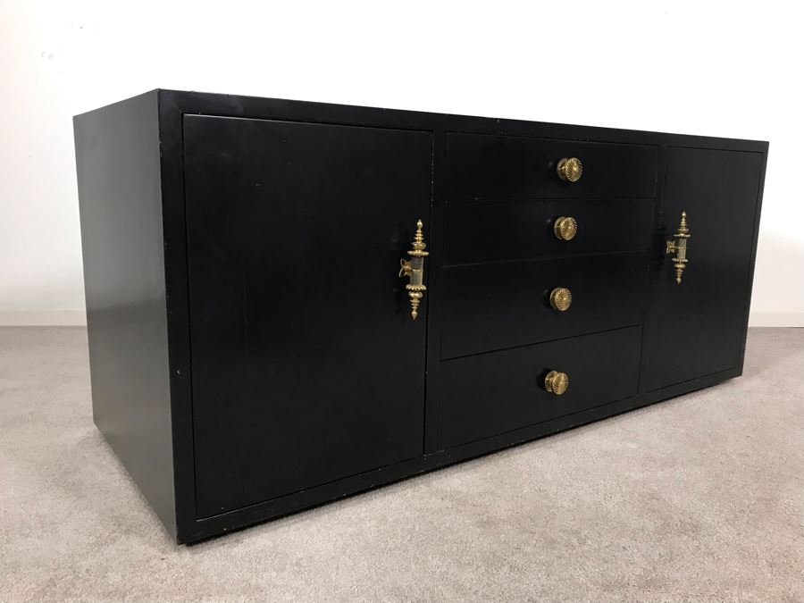 Vintage Black Lacquer 4-Drawer Cabinet With Brass Hardware And Silverware Storage Drawer 54W X 21D X 23H [Photo 2]