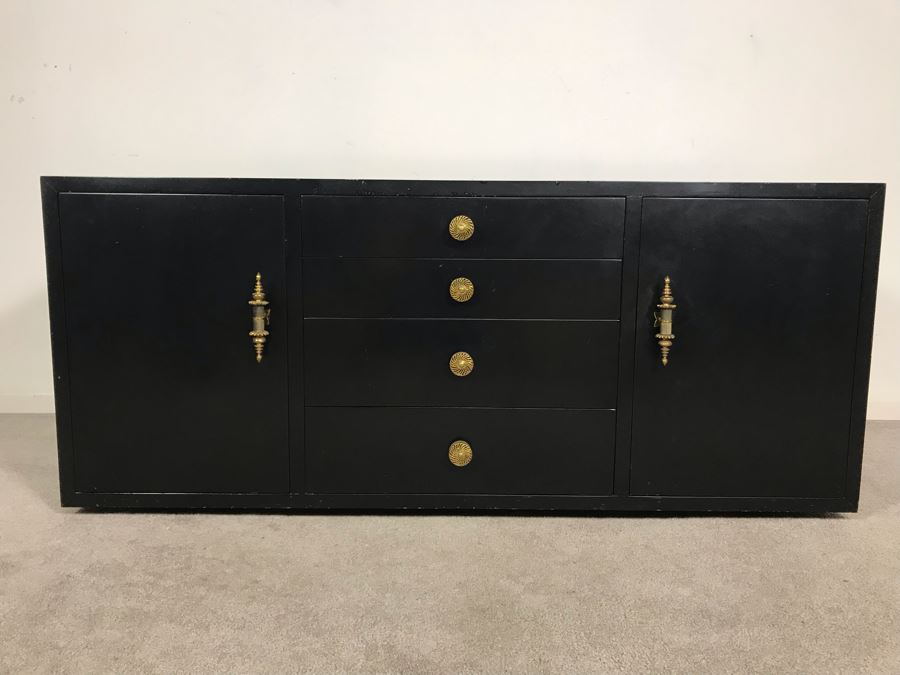 Vintage Black Lacquer 4-Drawer Cabinet With Brass Hardware And Silverware Storage Drawer 54W X 21D X 23H [Photo 4]