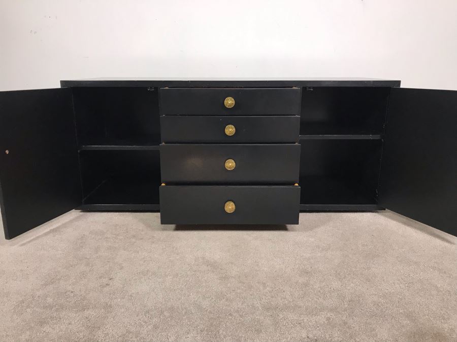 Vintage Black Lacquer 4-Drawer Cabinet With Brass Hardware And Silverware Storage Drawer 54W X 21D X 23H [Photo 7]