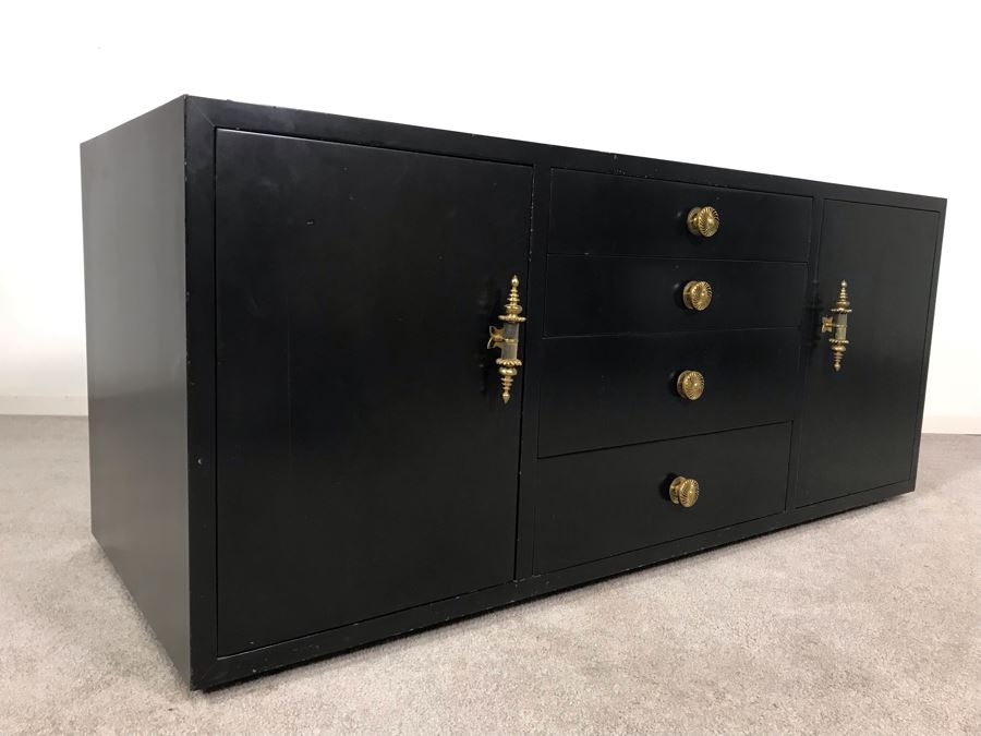 Vintage Black Lacquer 4-Drawer Cabinet With Brass Hardware And Silverware Storage Drawer 54W X 21D X 23H [Photo 1]