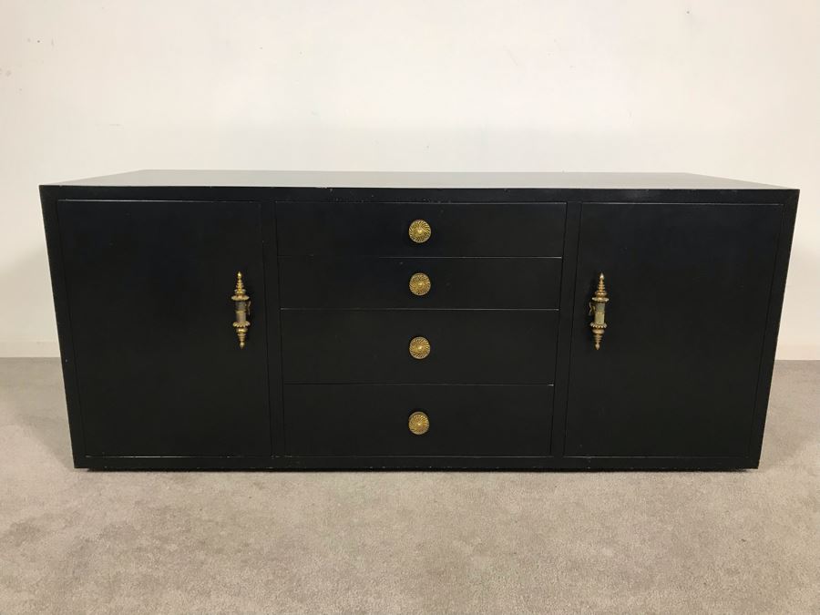Vintage Black Lacquer 4-Drawer Cabinet With Brass Hardware And Silverware Storage Drawer 54W X 21D X 23H [Photo 5]