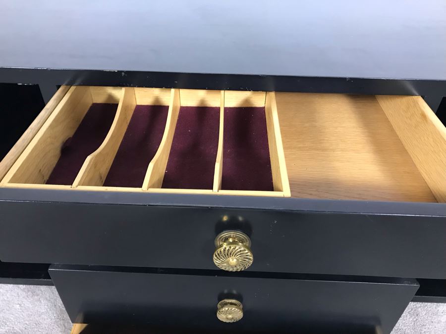 Vintage Black Lacquer 4-Drawer Cabinet With Brass Hardware And Silverware Storage Drawer 54W X 21D X 23H [Photo 11]