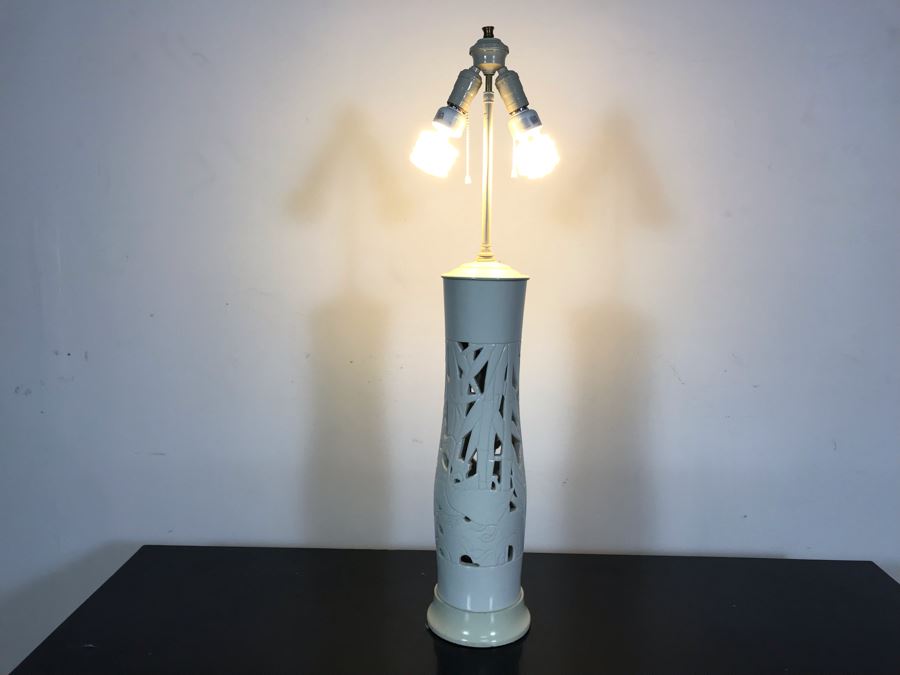 Vintage Tall White Glazed Ceramic Designer Table Lamp With Bamboo And Birds (No Lamp Shade) 36H [Photo 9]