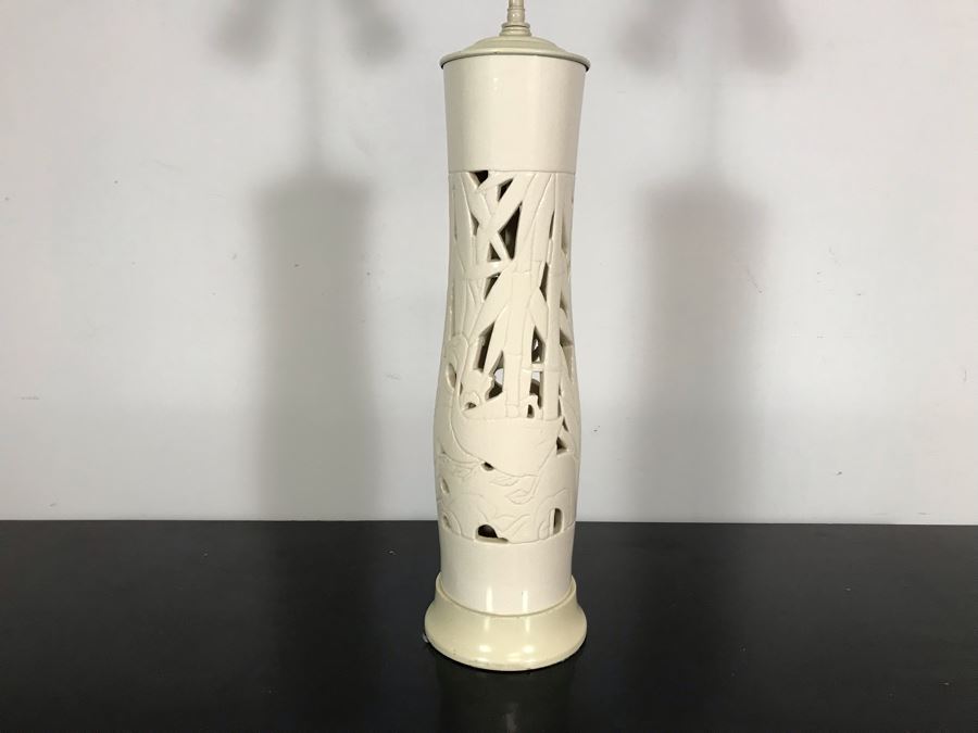 Vintage Tall White Glazed Ceramic Designer Table Lamp With Bamboo And Birds (No Lamp Shade) 36H [Photo 5]