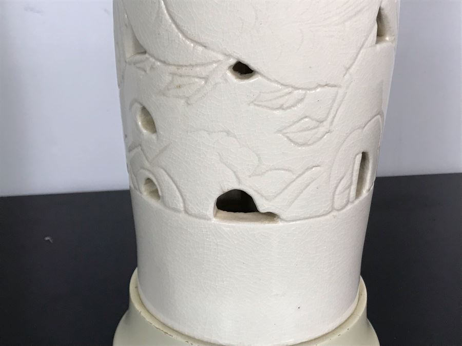 Vintage Tall White Glazed Ceramic Designer Table Lamp With Bamboo And Birds (No Lamp Shade) 36H [Photo 7]