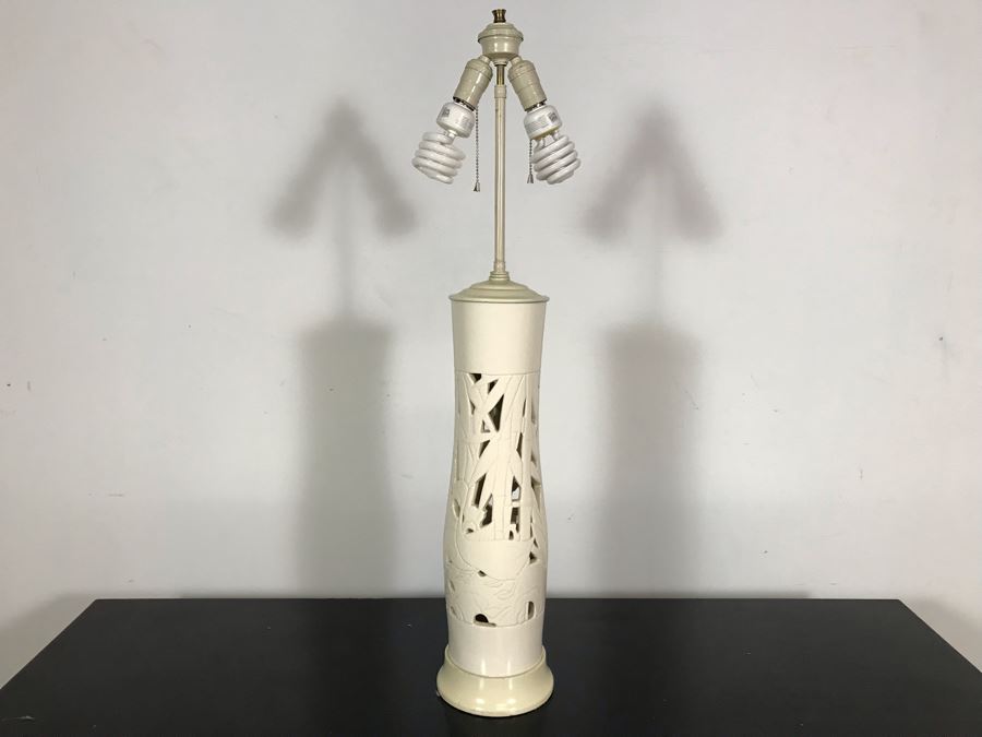 Vintage Tall White Glazed Ceramic Designer Table Lamp With Bamboo And Birds (No Lamp Shade) 36H [Photo 4]