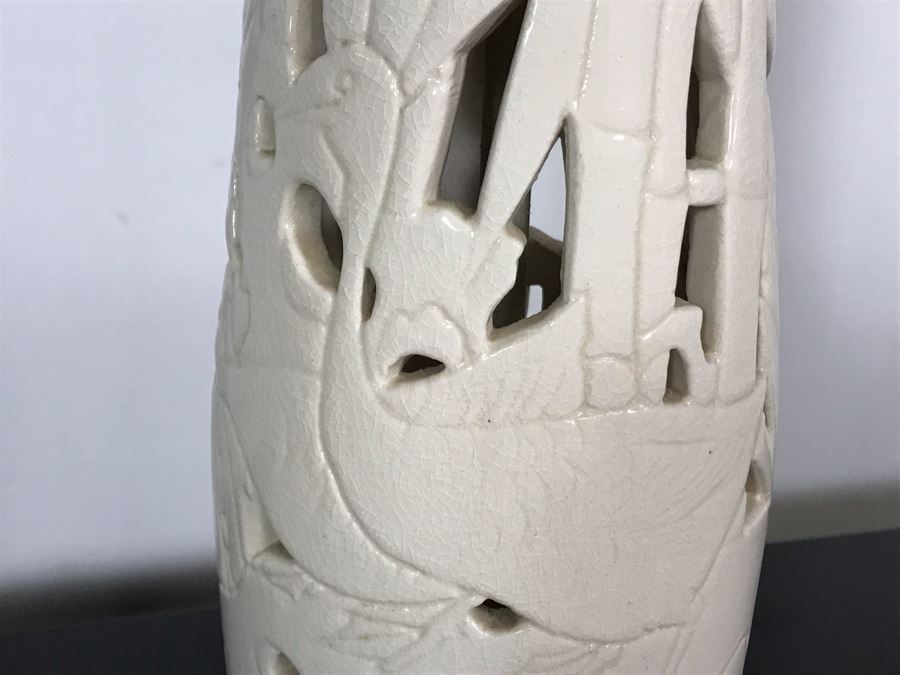 Vintage Tall White Glazed Ceramic Designer Table Lamp With Bamboo And Birds (No Lamp Shade) 36H [Photo 6]