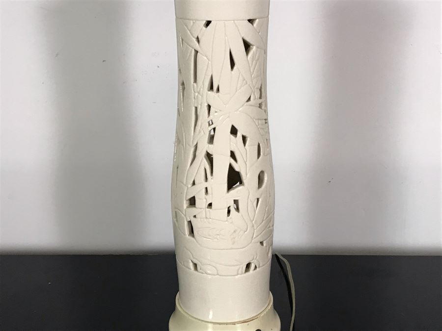 Vintage Tall White Glazed Ceramic Designer Table Lamp With Bamboo And Birds (No Lamp Shade) 36H [Photo 2]