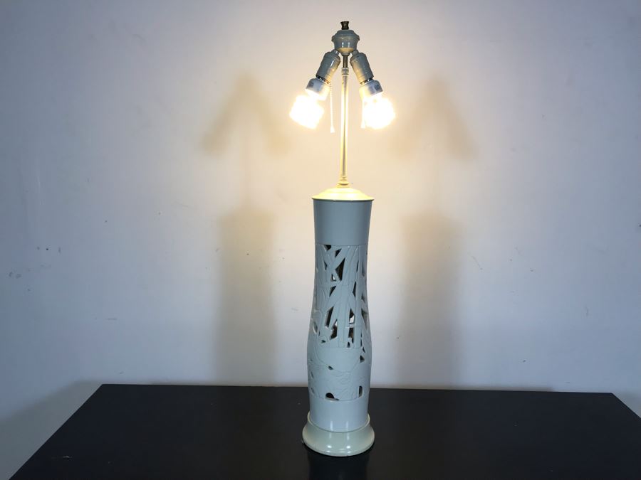 Vintage Tall White Glazed Ceramic Designer Table Lamp With Bamboo And Birds (No Lamp Shade) 36H [Photo 3]