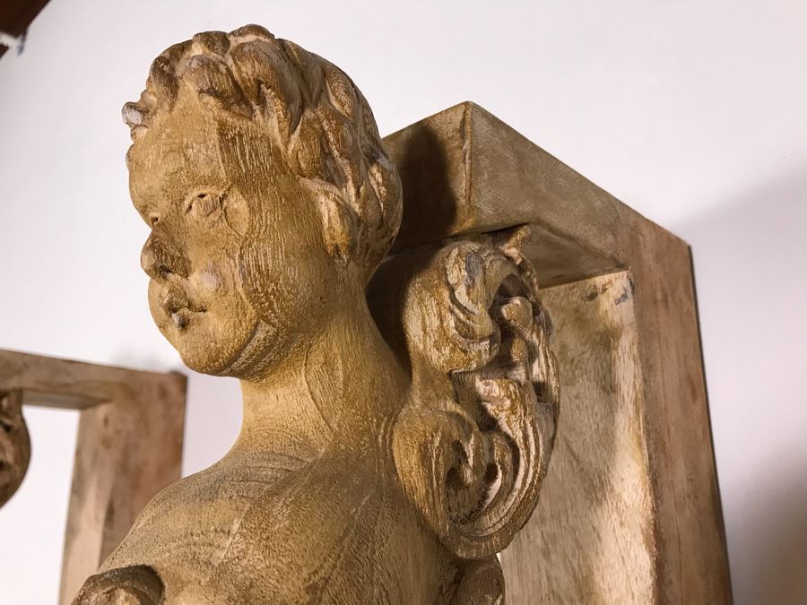 Pair Of Wooden Hand Carved Cherubs Wall Decor Shelf 3.5W X 12D X 25H [Photo 14]