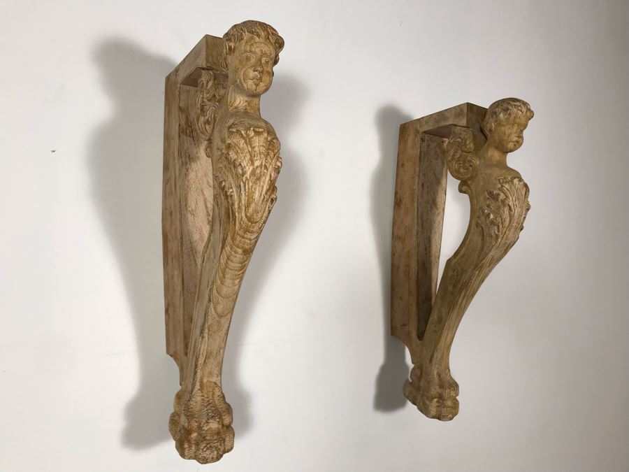 Pair Of Wooden Hand Carved Cherubs Wall Decor Shelf 3.5W X 12D X 25H [Photo 5]