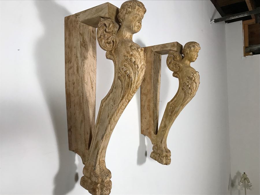 Pair Of Wooden Hand Carved Cherubs Wall Decor Shelf 3.5W X 12D X 25H