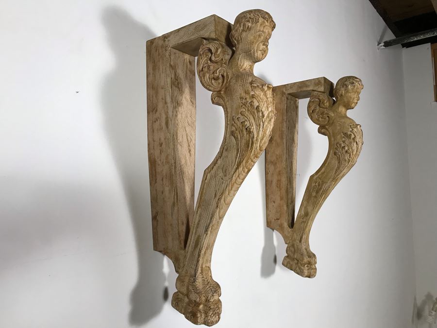 Pair Of Wooden Hand Carved Cherubs Wall Decor Shelf 3.5W X 12D X 25H [Photo 10]