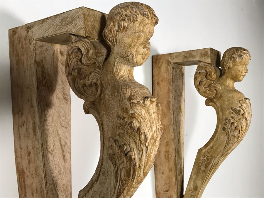 Pair Of Wooden Hand Carved Cherubs Wall Decor Shelf 3.5W X 12D X 25H [Photo 12]