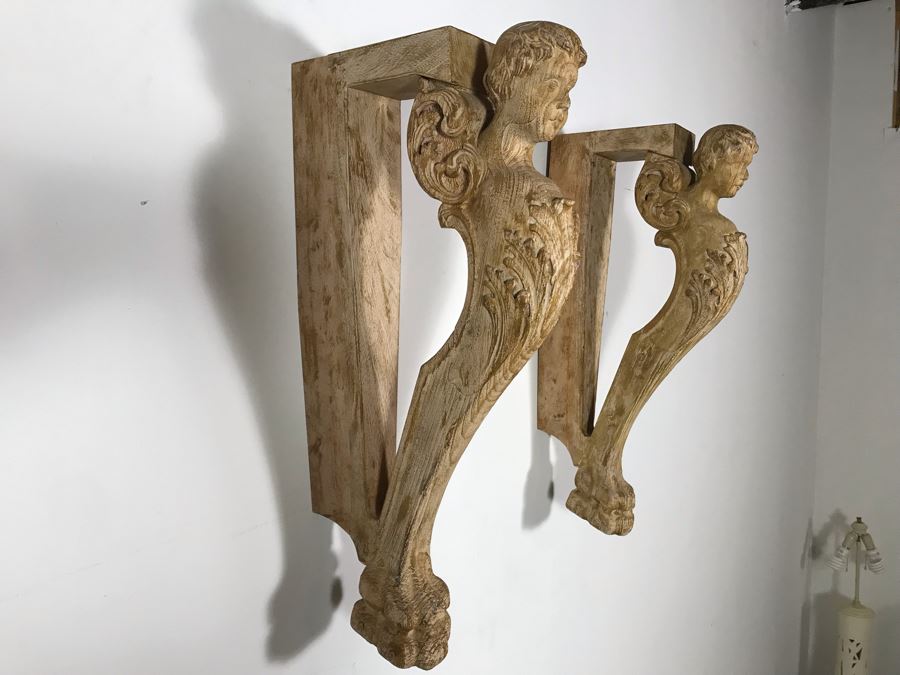 Pair Of Wooden Hand Carved Cherubs Wall Decor Shelf 3.5W X 12D X 25H [Photo 11]