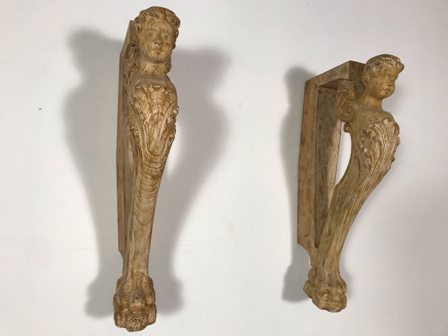 Pair Of Wooden Hand Carved Cherubs Wall Decor Shelf 3.5W X 12D X 25H [Photo 2]