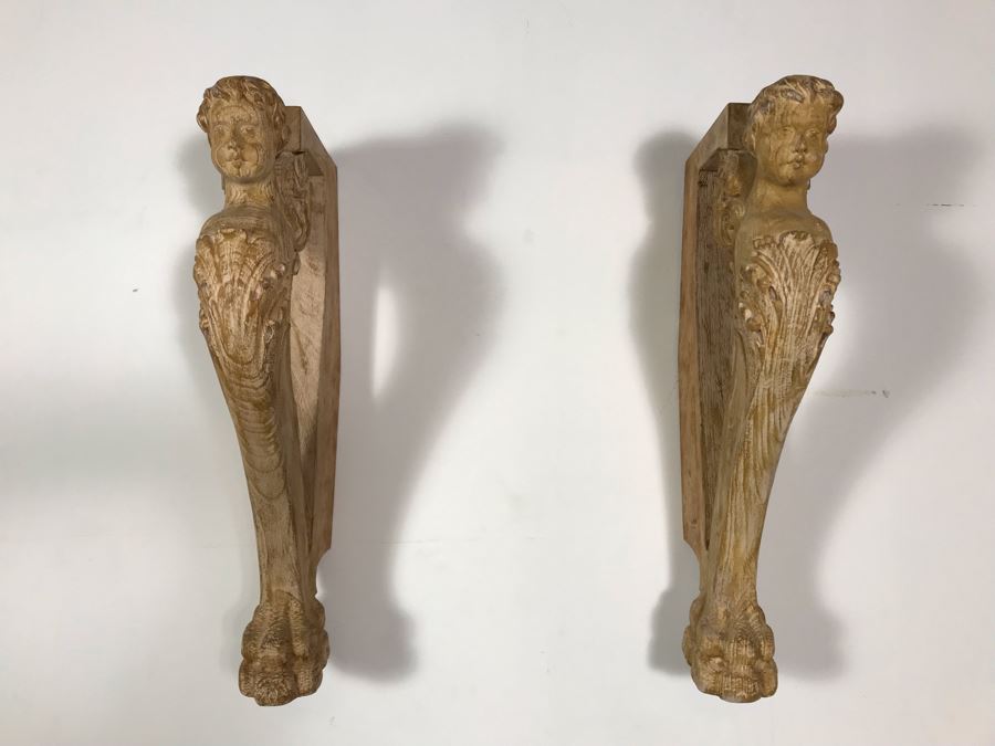 Pair Of Wooden Hand Carved Cherubs Wall Decor Shelf 3.5W X 12D X 25H [Photo 3]