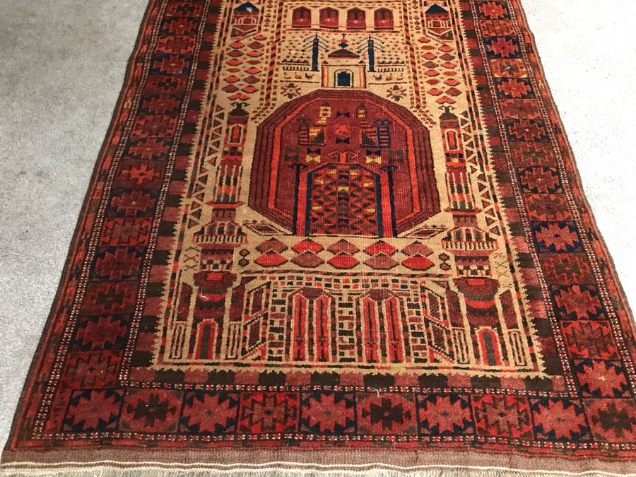 Vintage Geometric Hand Knotted Wool Persian Detailed Design Prayer Rug 36 X 73 [Photo 5]
