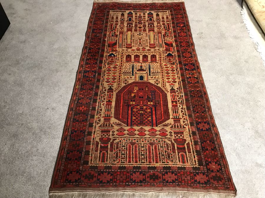 Vintage Geometric Hand Knotted Wool Persian Detailed Design Prayer Rug 36 X 73 [Photo 3]