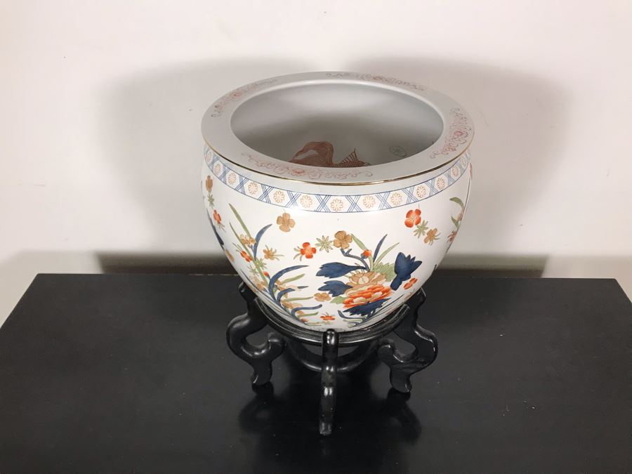 Chinese Fish Bowl Planter With Wooden Stand 14.5W X 20.5H With Stand