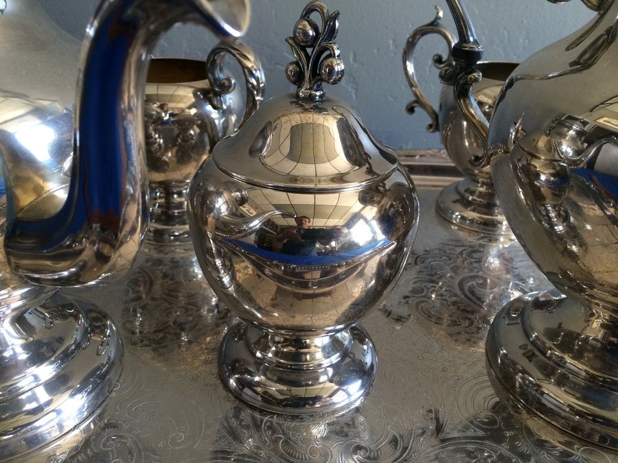 6-Piece Silver on Copper Coffee Tea Set with Tray in Excellent Condition Crown B S C [Photo 4]