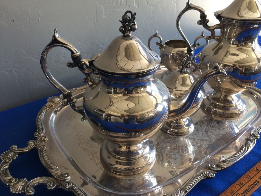 6Piece Silver on Copper Coffee Tea Set with Tray in Excellent