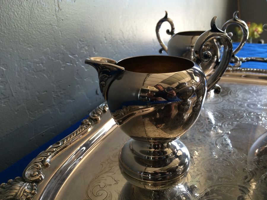 6-Piece Silver on Copper Coffee Tea Set with Tray in Excellent Condition Crown B S C [Photo 6]