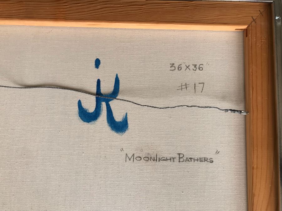 Original Jean Klafs Framed Abstract Expressionist Painting On Canvas Titled 'Moon Night Bathers' 36' X 36' [Photo 12]